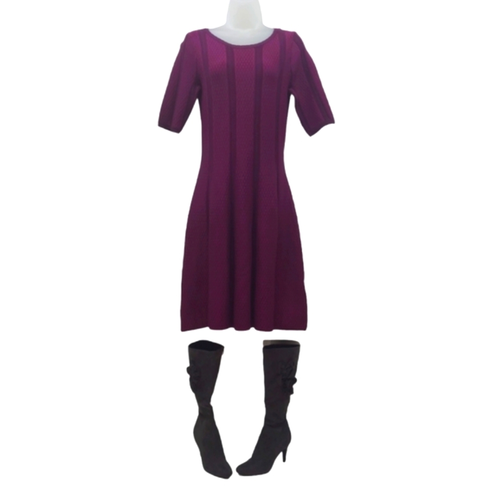 Dressbarn A-Line Knit Dress Plum Knee Length Round Neck Rayon Swing Style NWT Sm
